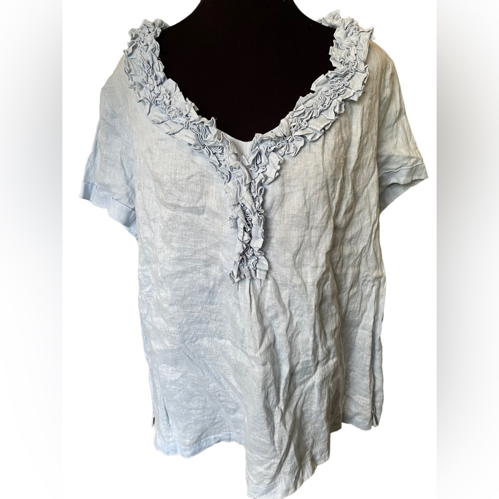 Talbots Plus Size Blue Linen Artsy Ruffle Casual Coastal Short Sleeve Blouse
